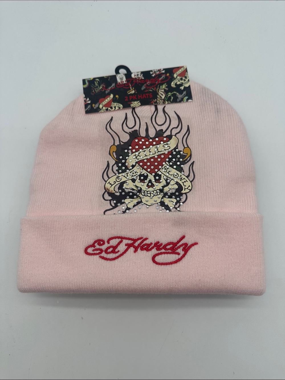 Ed Hardy Pink Beanie with Red Logo Skull & black Beanie with tiger roses motifs